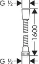 Schematische Darstellung eines Brauseschlauchs mit Gewindeanschlüssen, geeignet für Montage. Hinweis auf Maße und spezielle Merkmale sind deutlich erkennbar. Produkt von Hansgrohe.